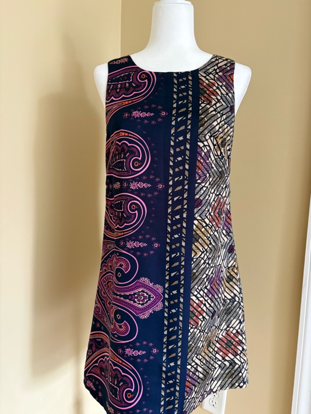 Jade Navy Shift Dress with Pink Paisley & Multicolor Geometric Panels